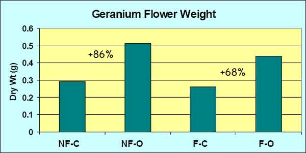 Effect of super-oxygenated water on the average total flower weight per geranium plant chart